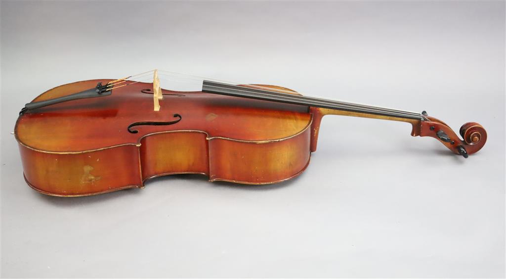 A late 19th/early 20th century German cello, labelled Schutz HD junior Marke, length of back 77cm